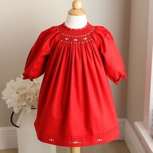 Red Smocked Bishop Dress Long Sleeve Hand-Embroidery Luli & Me Boutique LIKE NEW